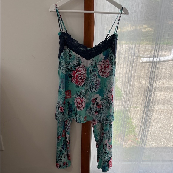 Josie By Josie Natori Teal & Navy Lace Peony Floral Pajama Set - Picture 1 of 6